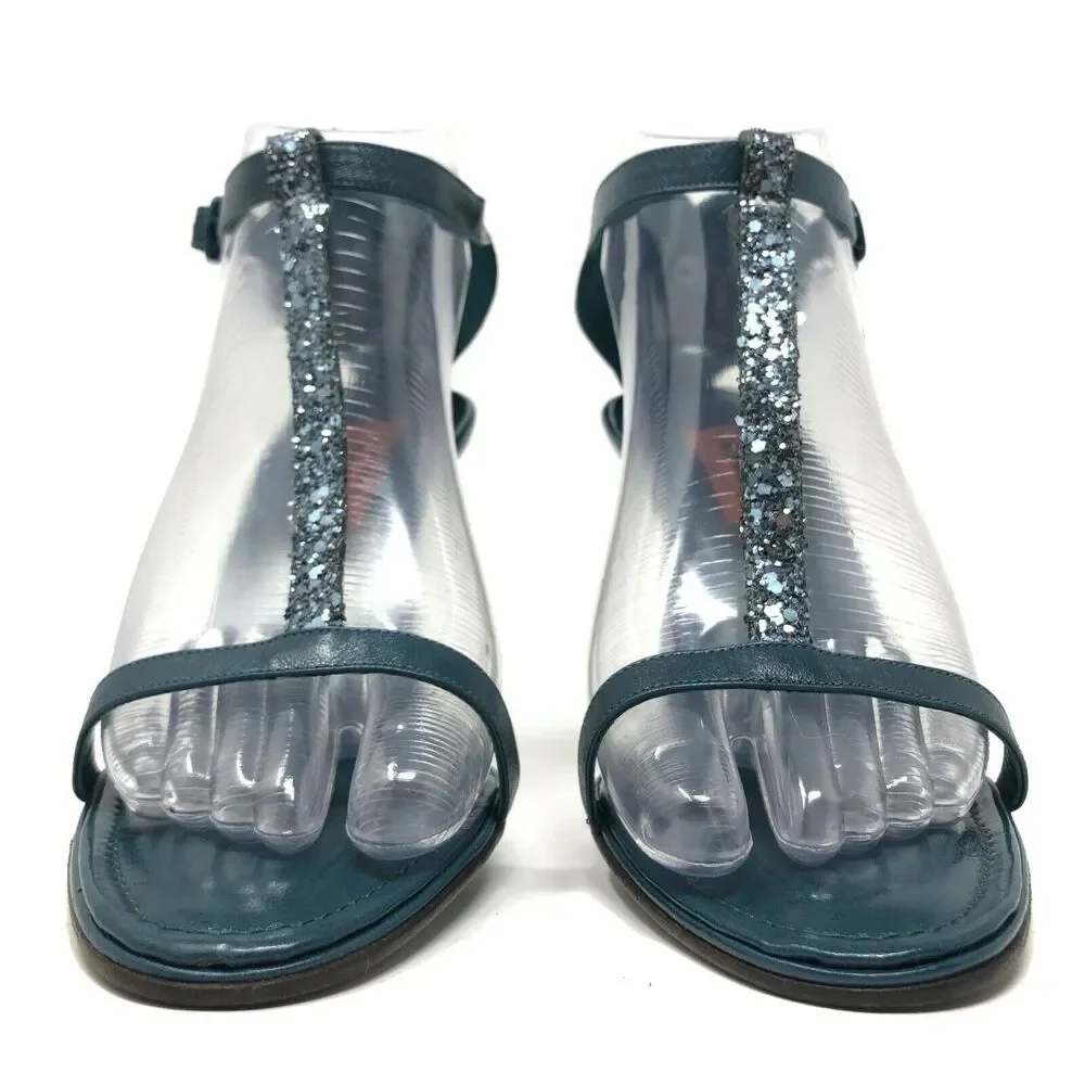 Missoni‎ Heels Women's 8.5 / 38.5 Glittler Heart Pump Teal Green Leather T-Strap